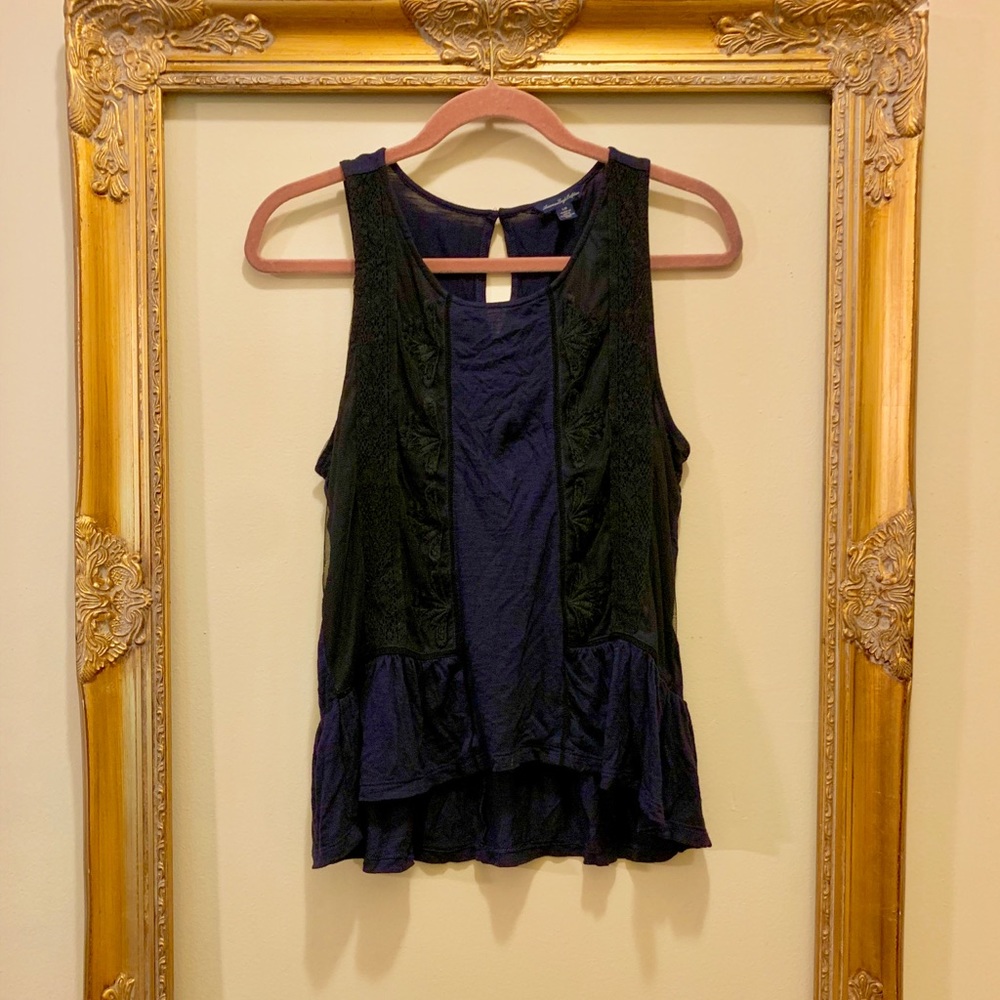 navy blue sleeveless top with lace embroidery